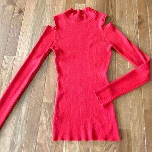 Derek Heart lipstick red ribbed cold shoulder mock neck sweater